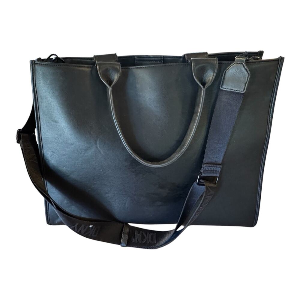 DKNY Faux Leather Large Logo Briefcase Tote Black Office Bag Removable Straps - Picture 2 of 9